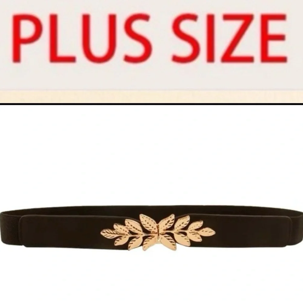 Plus Size Black Waist Belt with Gold Leaf Accent